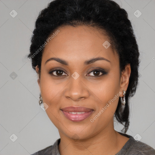 Joyful latino young-adult female with medium  black hair and brown eyes