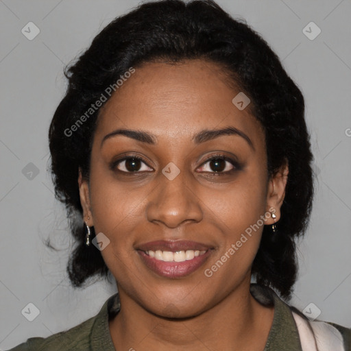 Joyful black young-adult female with medium  black hair and brown eyes