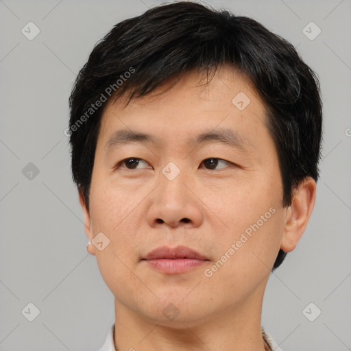 Neutral asian young-adult male with short  black hair and brown eyes