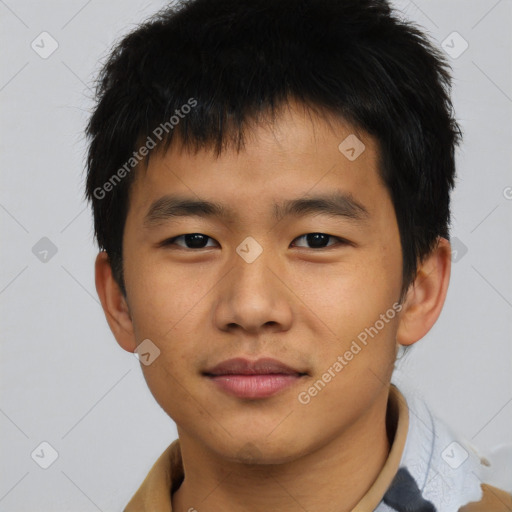 Neutral asian young-adult male with short  brown hair and brown eyes