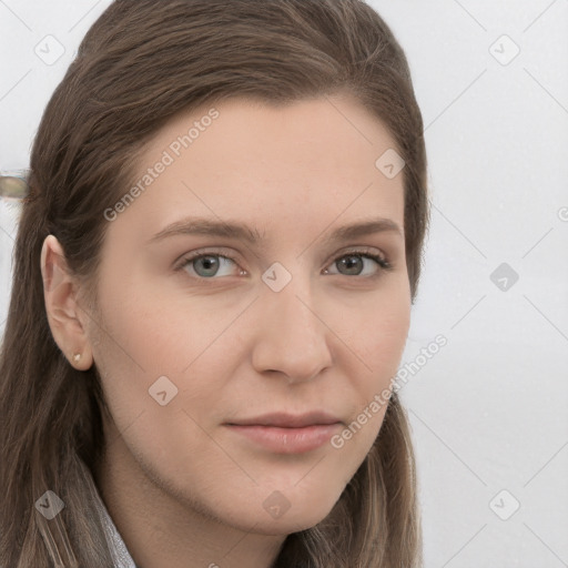 Neutral white young-adult female with long  brown hair and grey eyes