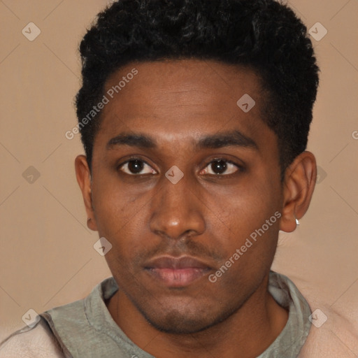 Neutral black young-adult male with short  black hair and brown eyes