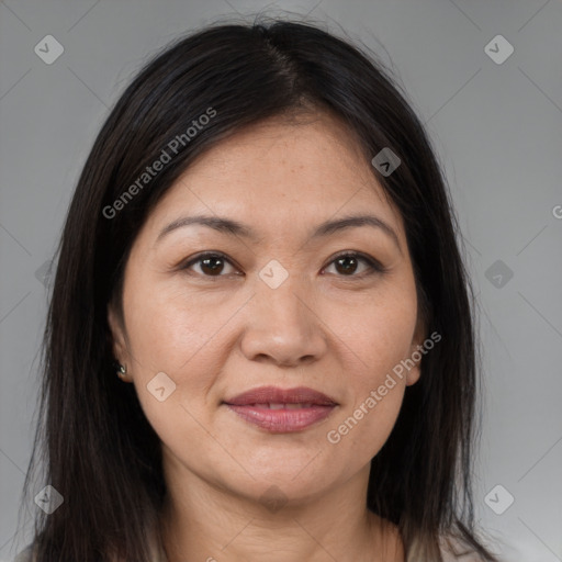 Joyful white adult female with medium  brown hair and brown eyes