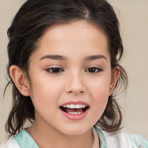 Joyful white child female with medium  brown hair and brown eyes