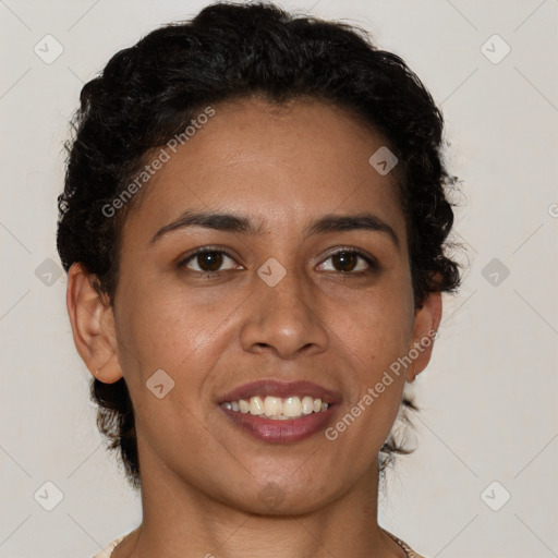 Joyful latino young-adult female with short  brown hair and brown eyes