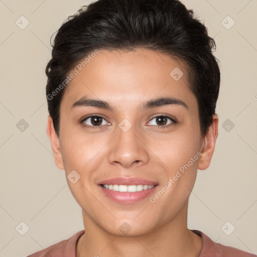 Joyful white young-adult female with short  brown hair and brown eyes