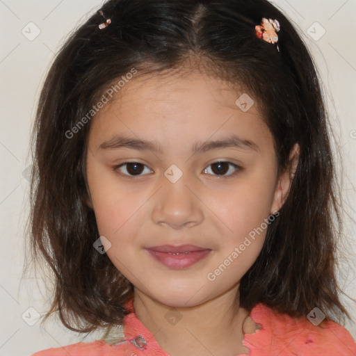 Joyful white child female with medium  brown hair and brown eyes