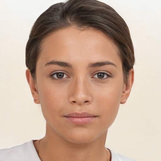 Neutral white young-adult female with short  brown hair and brown eyes