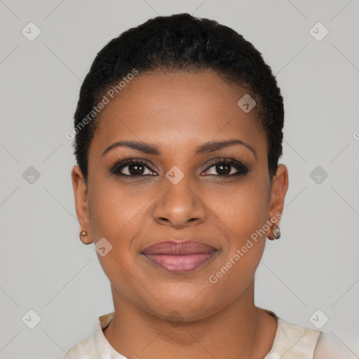 Joyful black young-adult female with short  brown hair and brown eyes