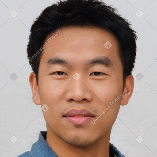 Neutral asian young-adult male with short  black hair and brown eyes