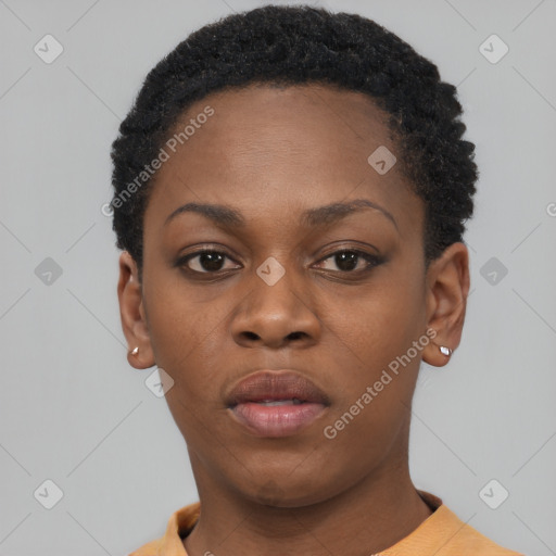 Neutral black young-adult female with short  black hair and brown eyes