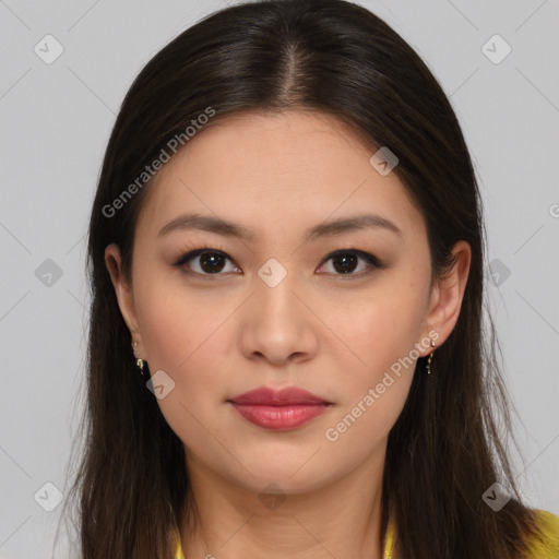 Joyful asian young-adult female with long  brown hair and brown eyes