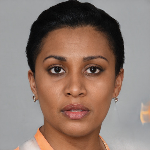 Neutral black young-adult female with short  brown hair and brown eyes
