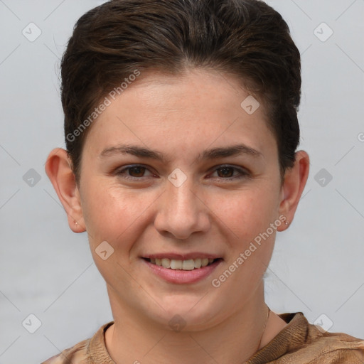 Joyful white young-adult female with short  brown hair and grey eyes