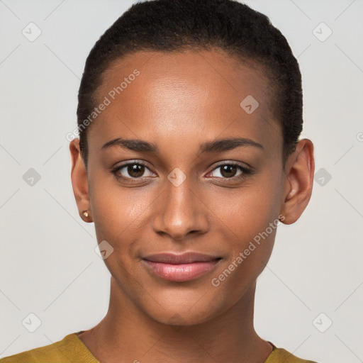 Joyful black young-adult female with short  brown hair and brown eyes