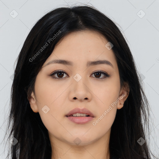 Neutral asian young-adult female with long  black hair and brown eyes