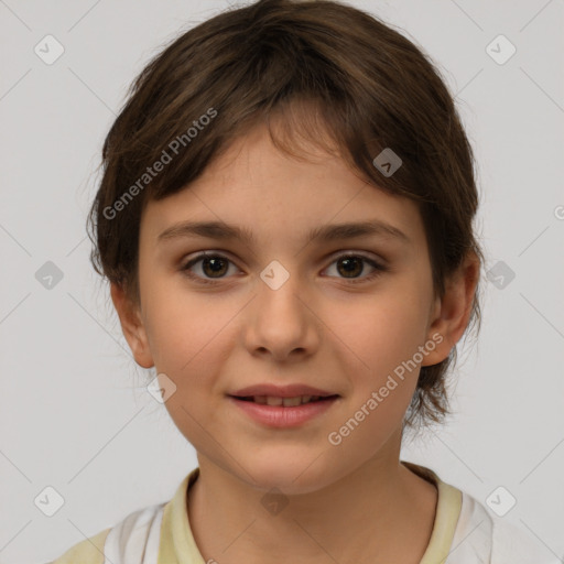 Joyful white child female with medium  brown hair and brown eyes