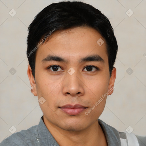 Neutral asian young-adult male with short  black hair and brown eyes