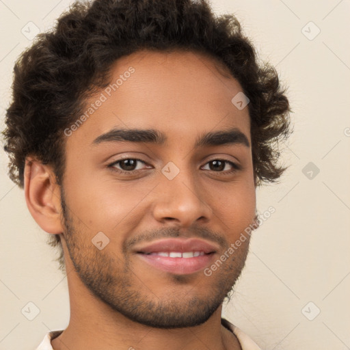 Joyful latino young-adult male with short  brown hair and brown eyes