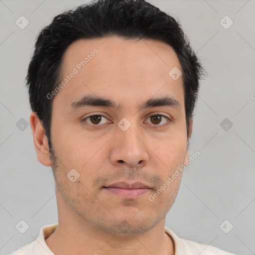 Neutral asian young-adult male with short  brown hair and brown eyes