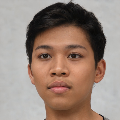 Neutral asian young-adult female with short  brown hair and brown eyes