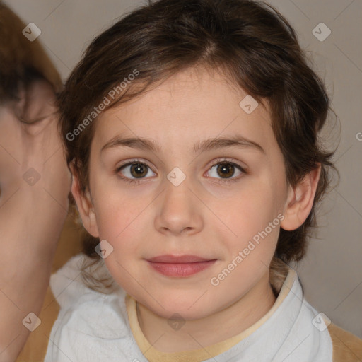 Joyful white child female with medium  brown hair and brown eyes