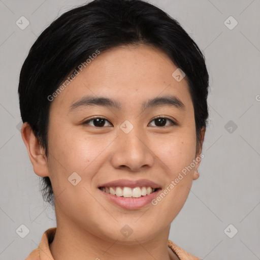 Joyful asian young-adult female with short  brown hair and brown eyes