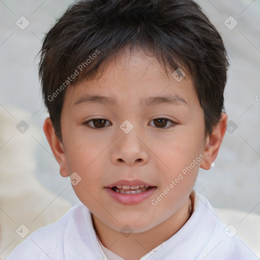 Joyful white child female with short  brown hair and brown eyes