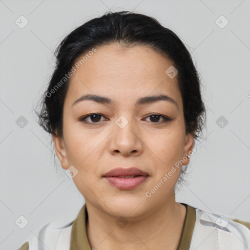 Neutral asian young-adult female with medium  brown hair and brown eyes