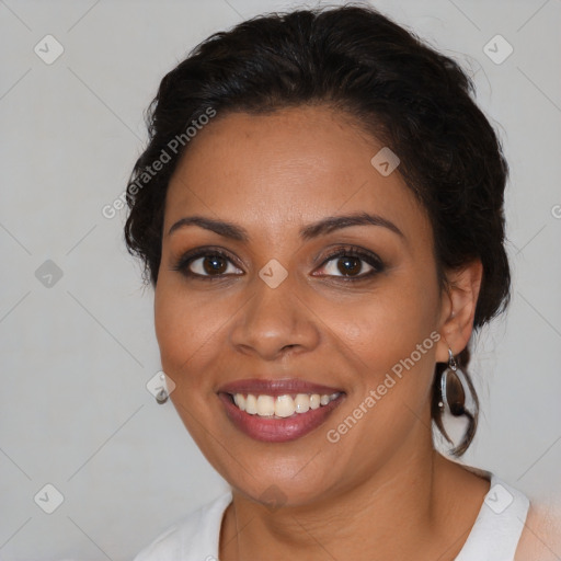 Joyful latino young-adult female with medium  brown hair and brown eyes