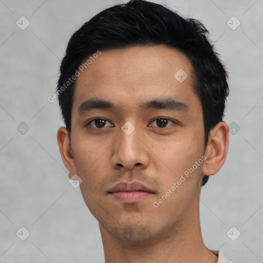 Neutral asian young-adult male with short  black hair and brown eyes