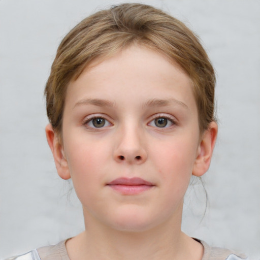 Neutral white child female with short  brown hair and grey eyes