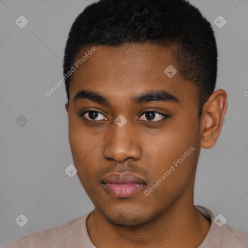 Neutral black young-adult male with short  black hair and brown eyes