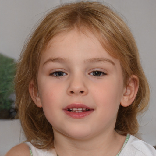 Joyful white child female with medium  brown hair and blue eyes