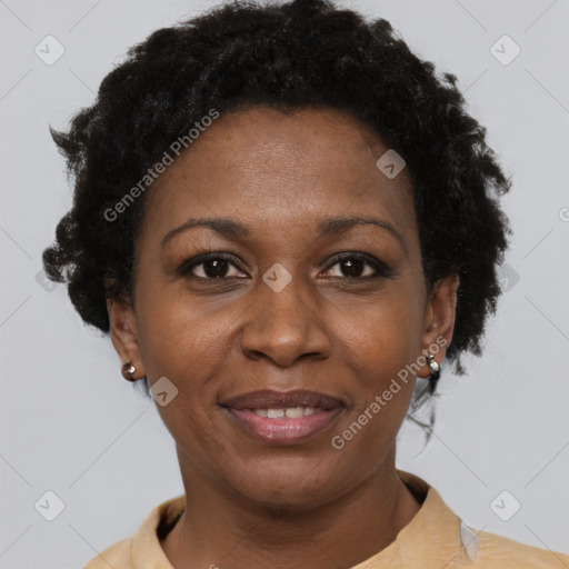 Joyful black adult female with short  brown hair and brown eyes