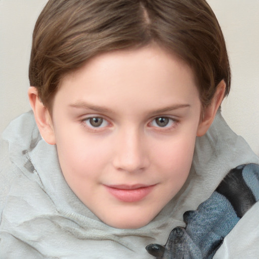 Joyful white child female with medium  brown hair and grey eyes