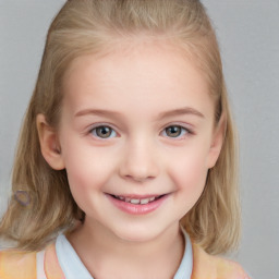 Joyful white child female with medium  brown hair and grey eyes