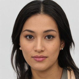 Neutral asian young-adult female with long  black hair and brown eyes