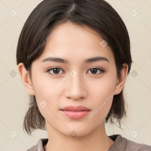 Neutral white young-adult female with medium  brown hair and brown eyes