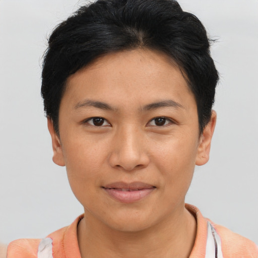 Joyful asian young-adult female with short  brown hair and brown eyes