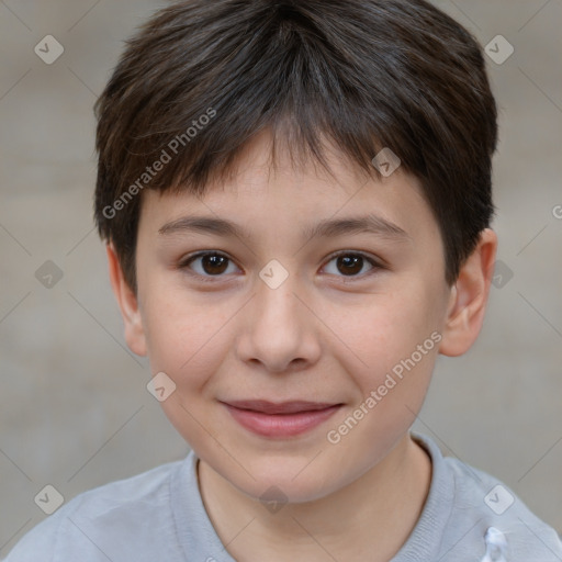 Joyful white child female with short  brown hair and brown eyes