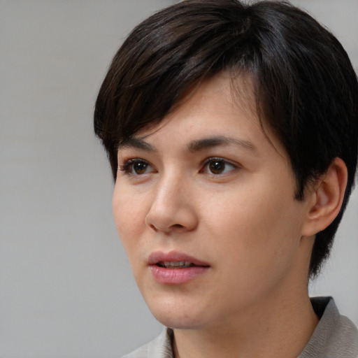 Neutral asian young-adult female with short  black hair and brown eyes