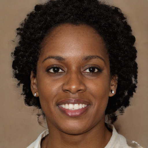 Joyful black young-adult female with medium  black hair and brown eyes
