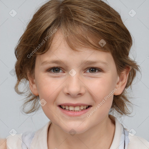 Joyful white child female with medium  brown hair and brown eyes