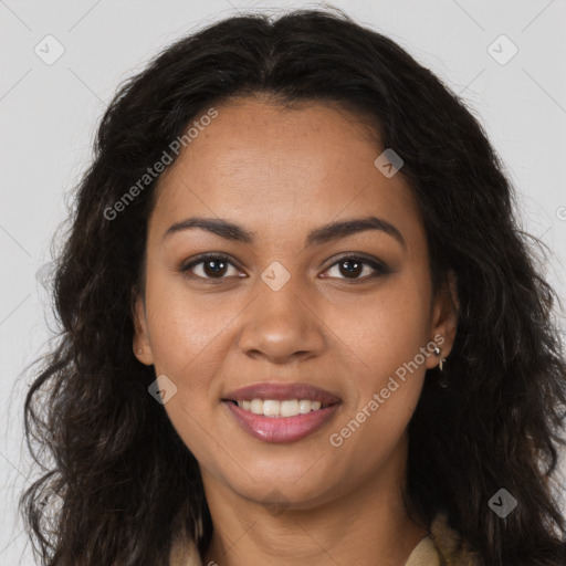 Joyful latino young-adult female with long  brown hair and brown eyes