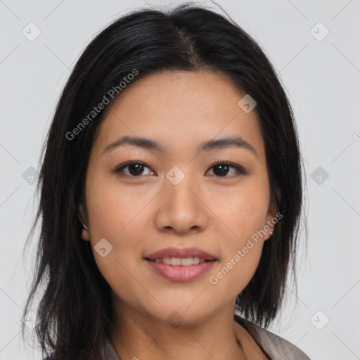 Joyful asian young-adult female with long  brown hair and brown eyes