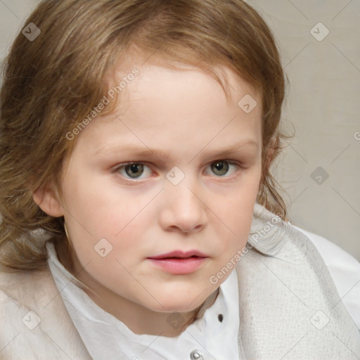 Neutral white child female with medium  brown hair and blue eyes