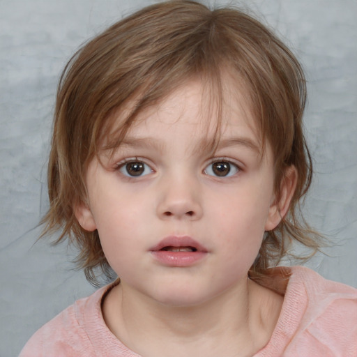 Neutral white child female with medium  brown hair and blue eyes