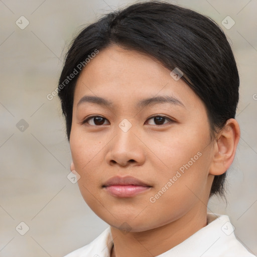 Neutral asian young-adult female with medium  brown hair and brown eyes