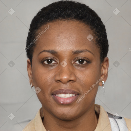 Joyful latino young-adult female with short  black hair and brown eyes